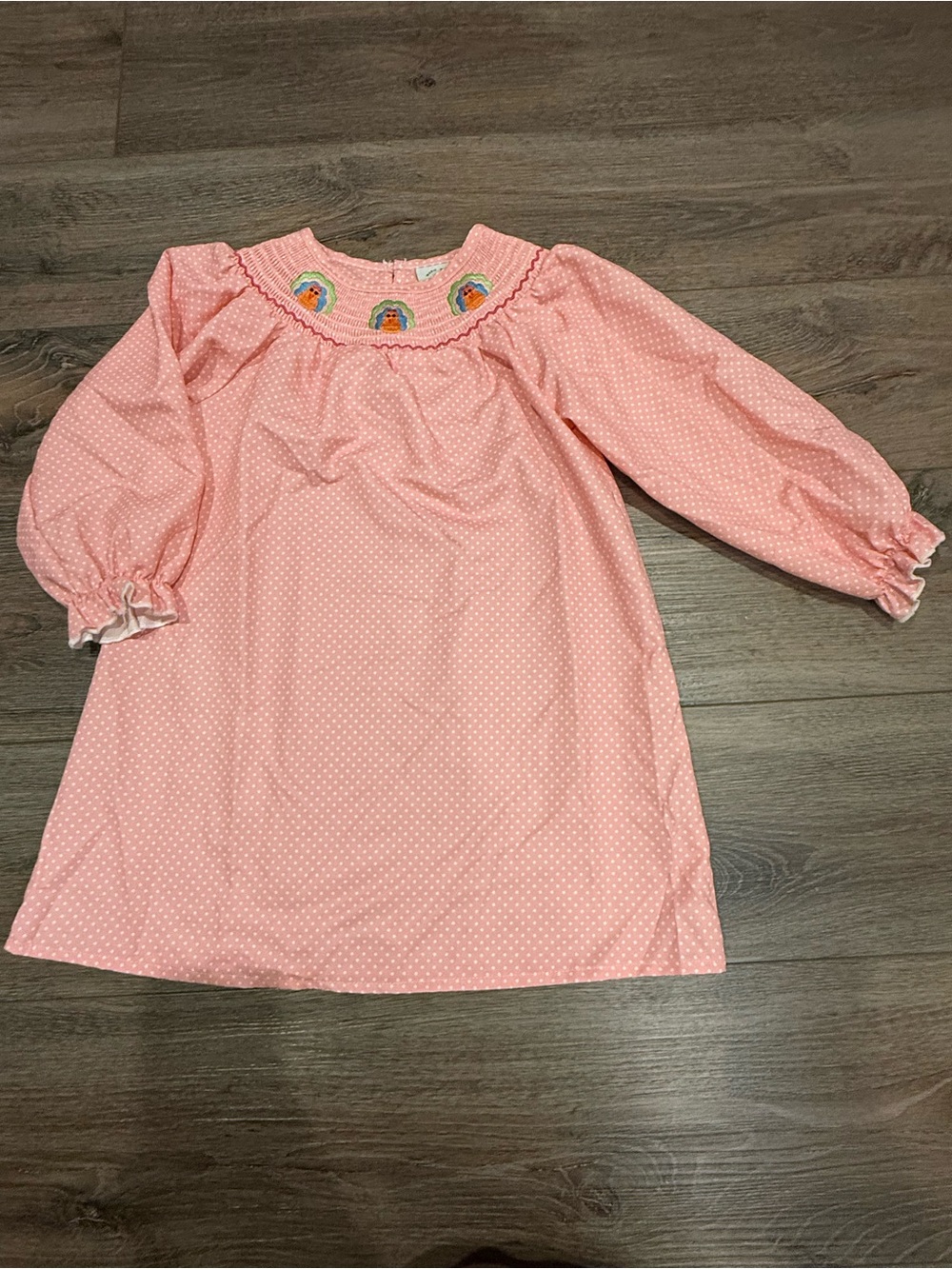 Marie Nicole Pink Polka Dot Smocked Turkey Embroidered Kids Dress